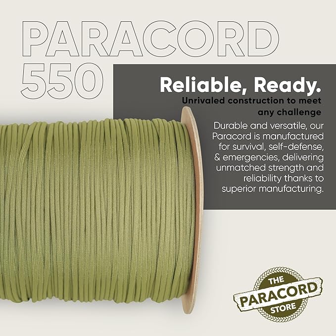 The Paracord Store | Type III 550 Paracord - 1000 FT Spool, Moss Green | Heavy Duty 7 Strand Tactical Paracord - USA Made Nylon Outdoor Parachute Cord for Camping, Fishing & More - Survival Cord