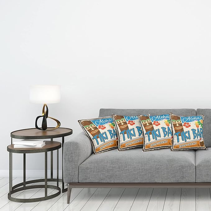 Ambesonne Tiki Bar Decorative Throw Pillow Case Pack of 4, Rusty Vintage Sign Aloha Exotic Cocktails and Coconut Drink Antique Nostalgic, Cushion Cover for Couch Living Room Car, 18", Brown Blue