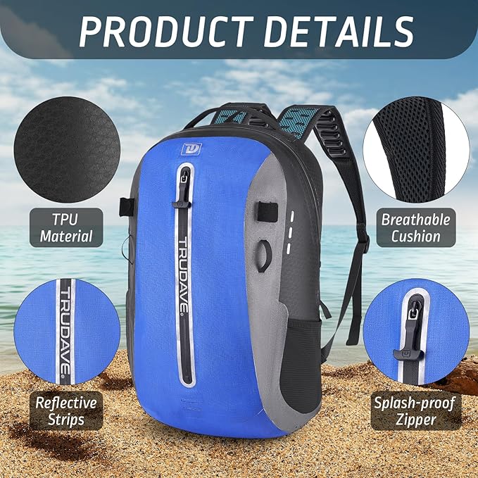 Trudave Waterproof Backpack, Waterproof Submersible Backpack, Floating TPU Coated Dry Bag with Airtight Zipper for Kayak, Fishing, Boating, Hiking (30L)