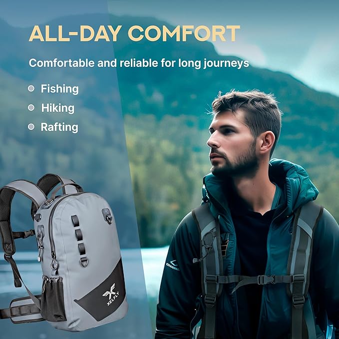 Xelfly - Waterproof Fishing Backpack with Rod Holder, Inflatable Air Valve, Padded Waist Straps & Gear Loops - Submersible Zipper, Rugged Top Handle, Adjustable Attachments (Blue)