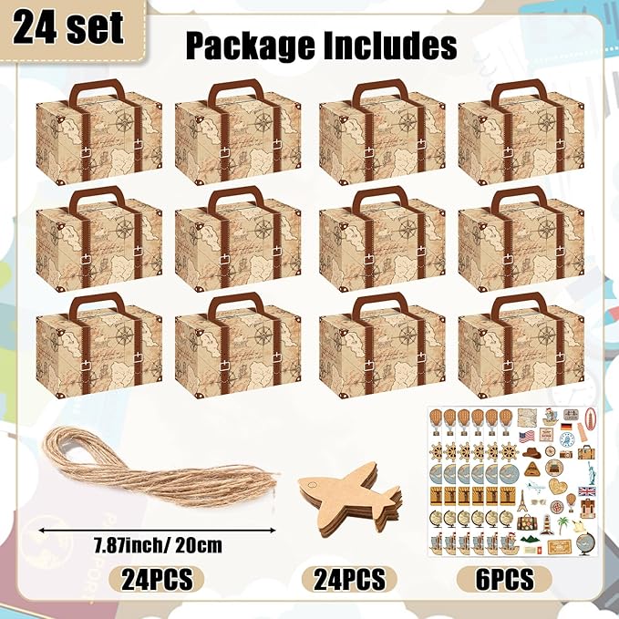 12Pcs Large Suitcase Party Favor Boxes Travel The Map Paper Treat Box with Tags Birthday Supplies Travel Theme Candy Goodie Gift Boxes for Birthday Baby Shower Wedding Vintage Party Table Decoration