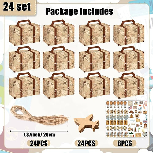 12Pcs Large Suitcase Party Favor Boxes Travel The Map Paper Treat Box with Tags Birthday Supplies Travel Theme Candy Goodie Gift Boxes for Birthday Baby Shower Wedding Vintage Party Table Decoration