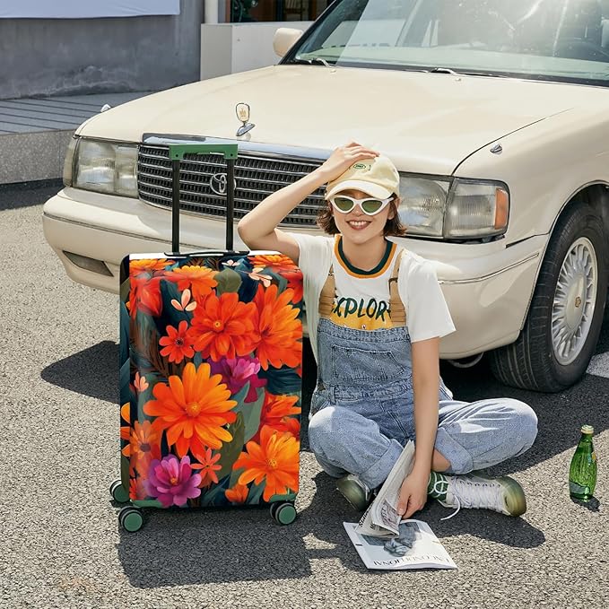 ANNA QUEEN Boho Floral Luggage Cover,Spring Orange Flower Pattern Suitcase Protector,Stretchable,Washable & Water Resistant, Universal Fit for 24-26 Inch Checked Baggage