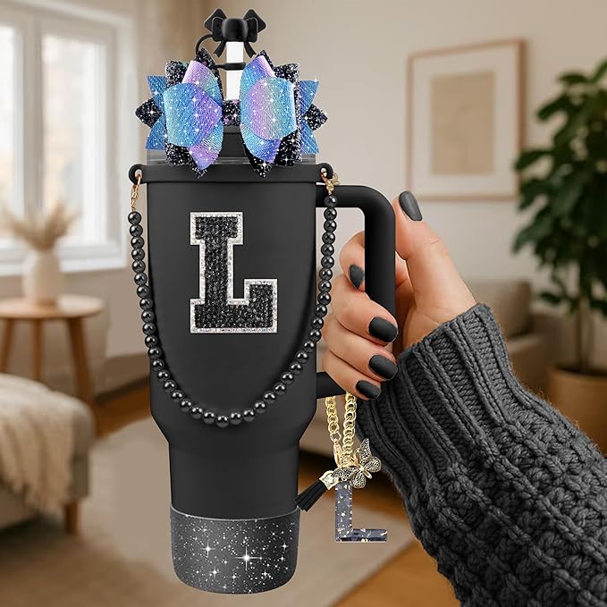 9PCS Black for Stanley Cup Accessories Set Bling Initials Bow Charms for Stanley Decorations 30/40 Oz Tumbler Accessories Including Bow Straw Topper, Handle Strap, Spill Stopper（Letter L）
