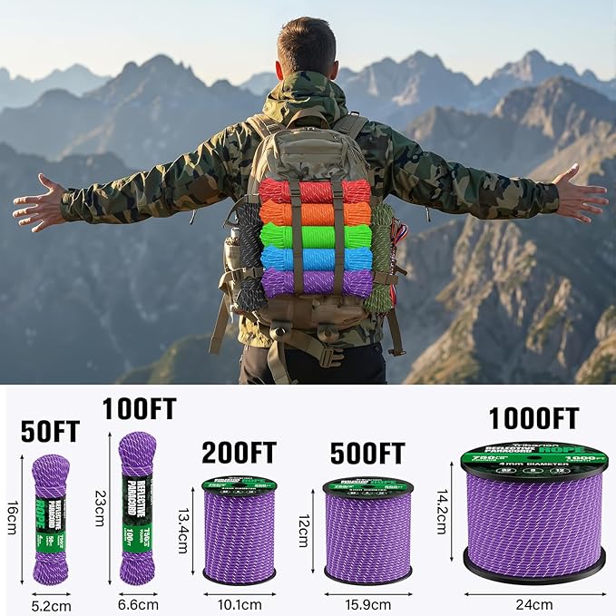 Reflective Paracord Rope 750 lb - 500ft 5/32" Parachute Cord 4MM 12-Strand para Cord - Heavy Duty Spool String for Survival,Camping Gear, Survival Bracelet, Clothesline - Purple