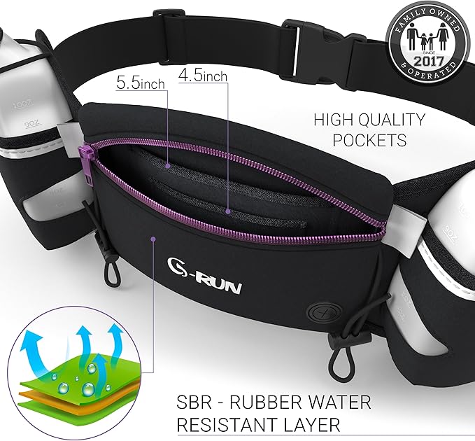 Q-RUN Hydration Running Belt with Bottles - Water Belts for Woman and Men - iPhone Belt for Any Phone Size - Fuel Marathon Waist Pouch for Runners - Jogging Cycling Biking, Purple