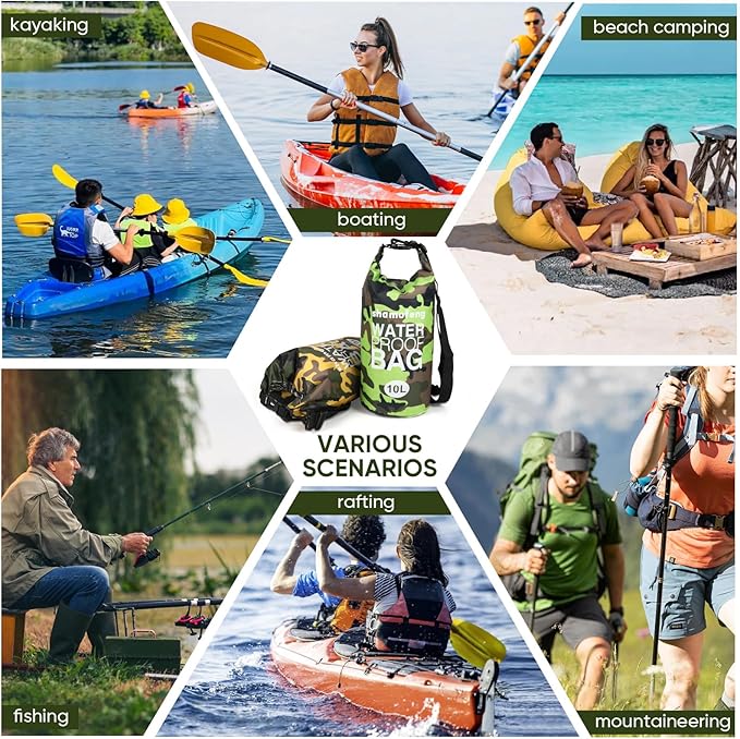 Waterproof Dry Bag 5L/10L/15L/20L/30L Roll Top Dry Storage Backpack with Phone Case, Collapsible Water Bottle, Sunglasses, Ear Band for Kayaking Boating Swimming Fishing Camping, Green 20L