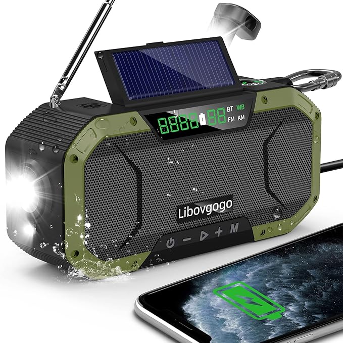 Emergency Radio Waterproof Bluetooth Speaker,Portable AM FM Radio with Flashlight,Reading Lamp,Hand Crank NOAA Weather Radio with Solar Panel,5000mAh/18500mWh Cell Phone Charger,Emergency Survival Kit