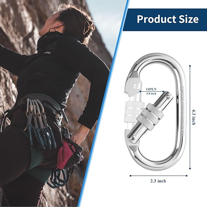 Oval Indoor Outdoor Climbing Carabiner, 25 KN (5600 LBS) Screw Locking Heavy Duty Safety Caribeener Clips for Hammock, Rope, Hiking, Camping