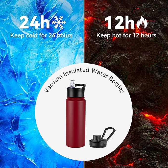 24oz Insulated Water Bottle with Straw Lid, Stainless Steel Metal Water Bottle with Straw & Wide Mouth Lid, Double Wall Vacuum Water Bottle for Hiking Camping, Red 4 Pack