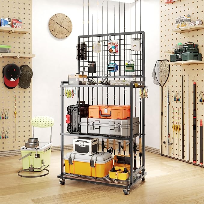 SOYEEZE Large Size Fishing Rod Holders for Garage, Heavy Duty 3-Tier Fishing Pole Rack with Pegboard and Hooks, Fishing Gear Organizer Up to 12 Rods, Rolling Fishing Storage Cart with Lockable Wheels