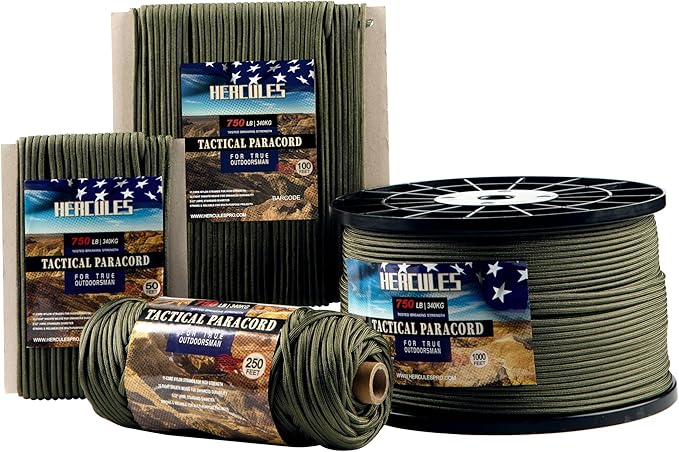 HERCULES 750lb Paracord 4mm 11 Strands Tactical Parachute Cord, 50' 100' 250' 1000' Utility Rope for Camping, Survival, Outdoor Gear (Army Green, 1000FT)