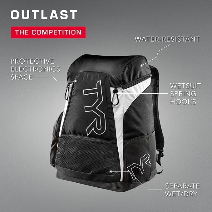 Alliance Backpack TYR Wet/Dry Athletic Gym and Pool Bag for Men and Women - Separate Wet/Dry Compartments, 45L Capacity, Ergonomic, Water-Resistant - Available in Team Colors