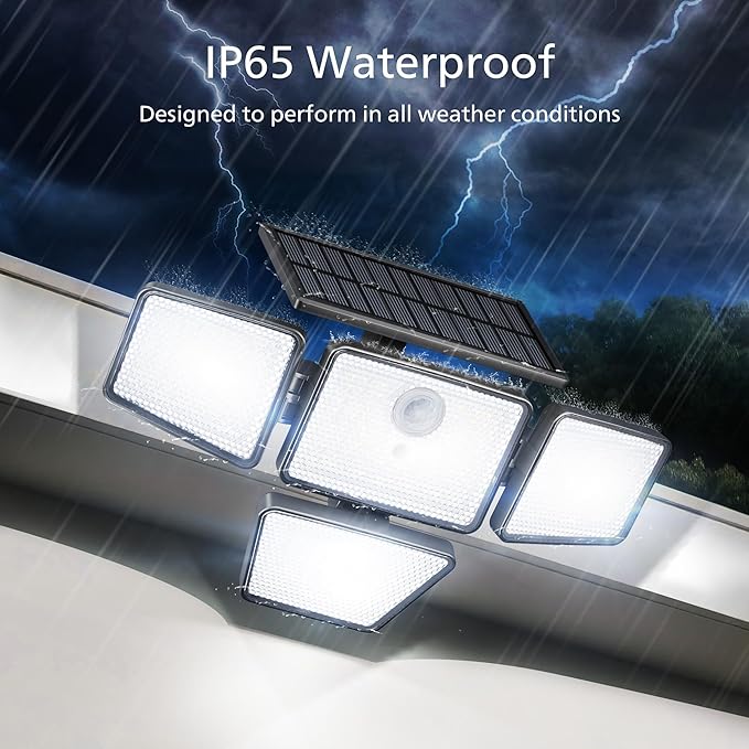 Philips Solar Security Light Outdoor, 196 LED Wall-Mounted Flood Light w/PIR Motion Sensor, 3 Modes, 4 Adjustable Heads Solar-Powered Floodlights with Remote Control, IP65 Waterproof 2PK