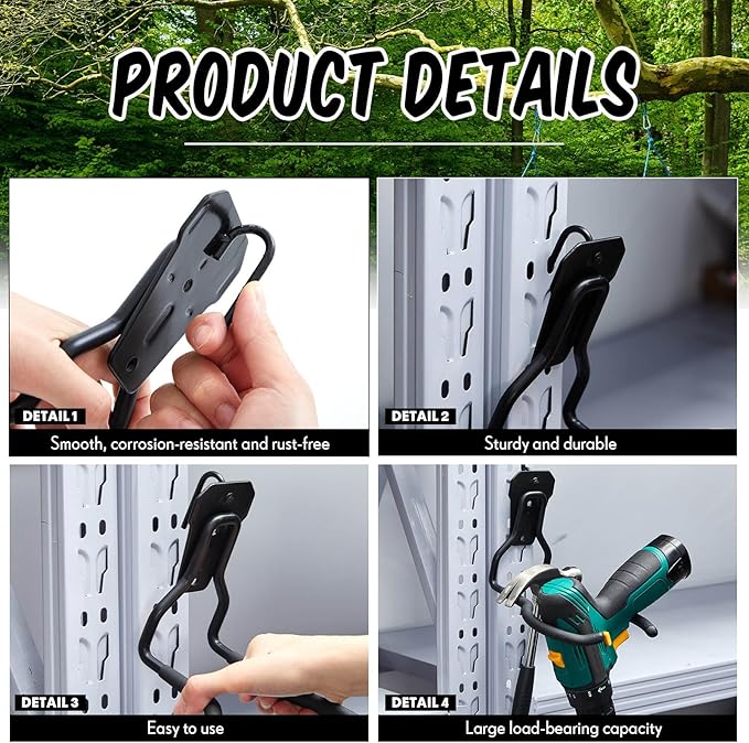 MorningRo 2 Pack Shed Accessories Multi Purpose Shed Hooks Metal Power Tool Holder for Large or Small Tools or Shovels, Black (Arched Shape)