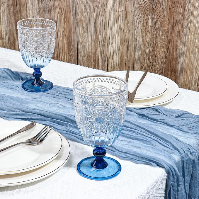 XUWAIDSGN 6Pcs Plastic Vintage Wine Glasses 13.5oz Reusable Embossed Goblet Glasses Blue Gradient Retro Wine Glassware Unbreakable Stemmed Champagne Water Cups for Wine Cocktail Juice Wedding