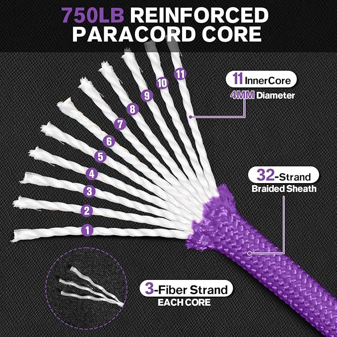 Paracord Rope 750 - Parachute para Cord 4mm 11 Strand Spool Rope Utility Nylon String for Outdoor Camping Survival Utility Tent Crafting DIY Projects - Purple 200ft