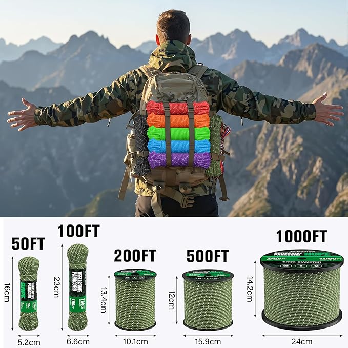 Reflective Paracord Rope 750 lb - 50ft 5/32" Parachute Cord 4MM 12-Strand para Cord - Heavy Duty Spool String for Survival,Camping Gear, Survival Bracelet, Clothesline - Army Green