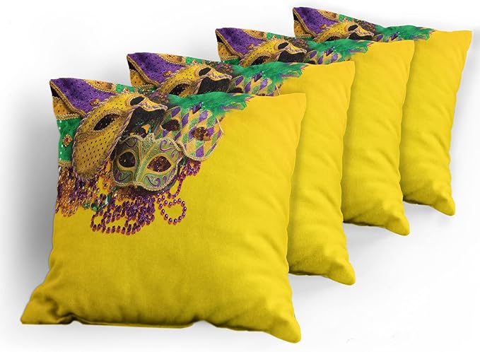 Ambesonne Mardi Gras Decorative Throw Pillow Case Pack of 4, Colorful Group of Venetian Carnivals Accessories, Cushion Cover for Couch Living Room Car, 24", Purple Yellow