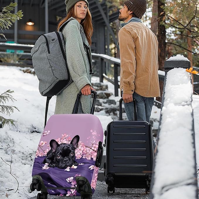 ANNA QUEEN French Bulldog Luggage Cover, Cute Black Dog with Pink Flowers Suitcase Protector, Stretchable Washable Travel Sleeve for 24-26 Inch Luggage