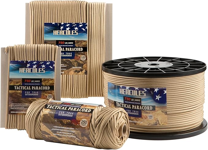 HERCULES 750lb Paracord 4mm 11 Strands Tactical Parachute Cord, 50' 100' 250' 1000' Utility Rope for Camping, Survival, Outdoor Gear (Desert Tan, 1000FT)