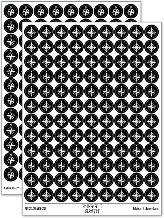 Compass Rose Nautical Star Navigation Map 200+ Round Stickers - Gloss Finish - 0.50" Size - Black