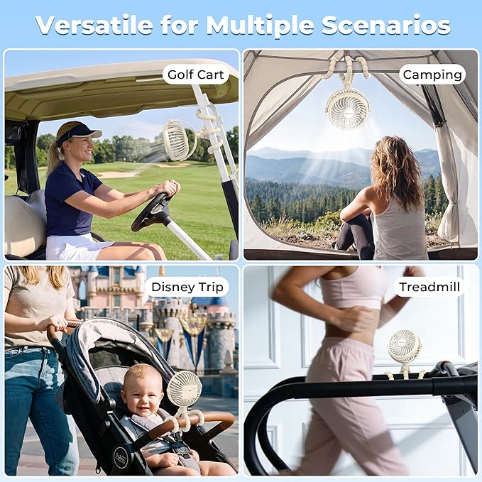 AMACOOL Battery Operated Stroller Fan, Baby Travel Essentials for Beach Disney, Newborn Boy & Girl Showers Gifts Registry Search, Rechargeable Clip On Fan for Car Seat Wagon Crib Bike Treadmill