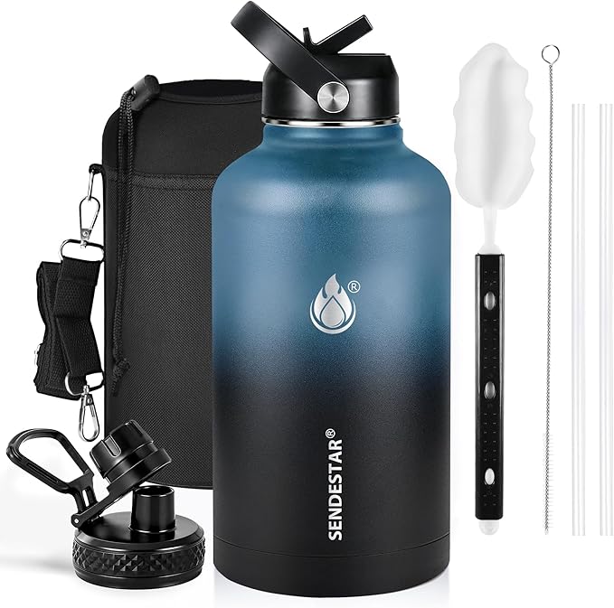 Insulated Water Bottle 64 oz, Triple Wall Vacuum Stainless Steel Water Bottles (Cold for 48 Hrs), Leak Proof & Non-BPA, Half Gallon Water Flask Jug Wide Mouth Straw Lid & Spout Lid