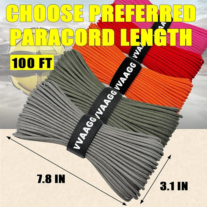 VVAAGG 1000 Paracord Rope 100FT Utility Parachute Cord 4mm 12 Strand Nylon Camping Rope, Tent Rope, Clothsline Rope