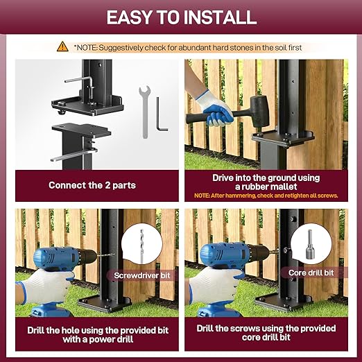Goovilla Fence Post Repair Kit, 2Pcs Heavy Duty Fence Post Anchor Ground Stakes, Robust Quick-Fix Wood Support for Broken/Leaning/Tilted/Degraded Wood with Gloves/Installation, Easy to Install,Black