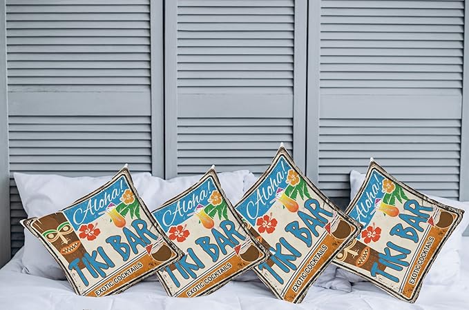 Ambesonne Tiki Bar Decorative Throw Pillow Case Pack of 4, Rusty Vintage Sign Aloha Exotic Cocktails and Coconut Drink Antique Nostalgic, Cushion Cover for Couch Living Room Car, 20", Brown Blue