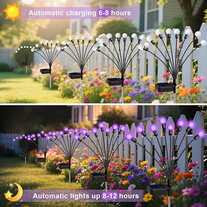 ZFNN Solar Garden Lights Outdoor, 4 Pack Firefly Swaying Lights Purple, Waterproof 4 Pack 24 Heads Garden Decor for Yard Patio Pathway Lawn, Gardening Gifts for Women Christmas Decoration