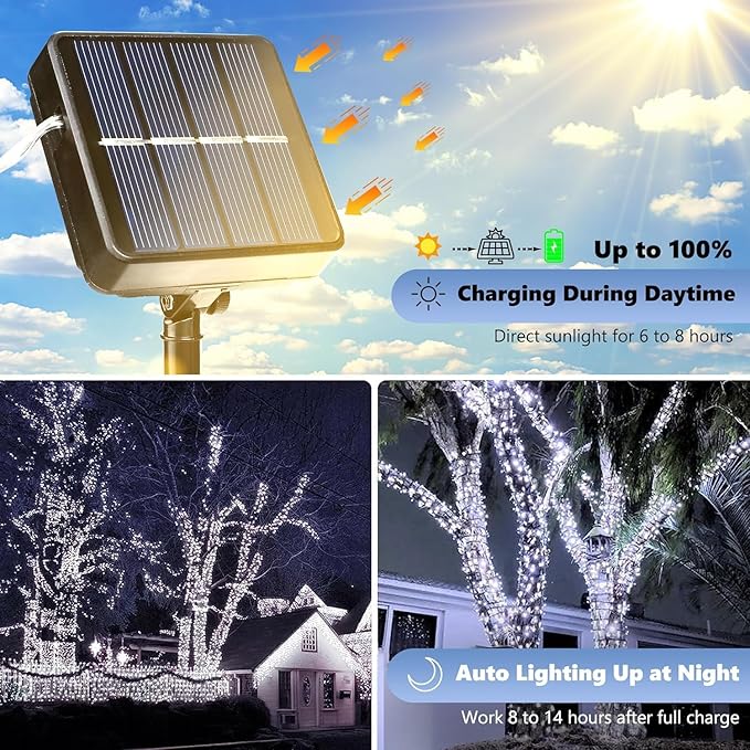 Joomer Solar Fairy Lights, 4-Pack Total 104FT 320LED Solar String Lights Outdoor Waterproof 8 Lighting Modes for Patio Fence Party Garden Yard Home Holiday Tree Outdoor Decoration (White)