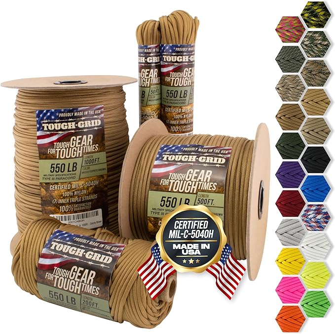 TOUGH-GRID 550 Paracord, Type III Mil-Spec Nylon Rope - 50 Ft Grizzly Brown Tactical Survival Cord