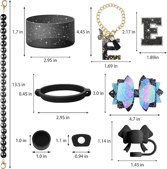9PCS Black for Stanley Cup Accessories Set Bling Initials Bow Charms for Stanley Decorations 30/40 Oz Tumbler Accessories Including Bow Straw Topper, Handle Strap, Spill Stopper（Letter E）