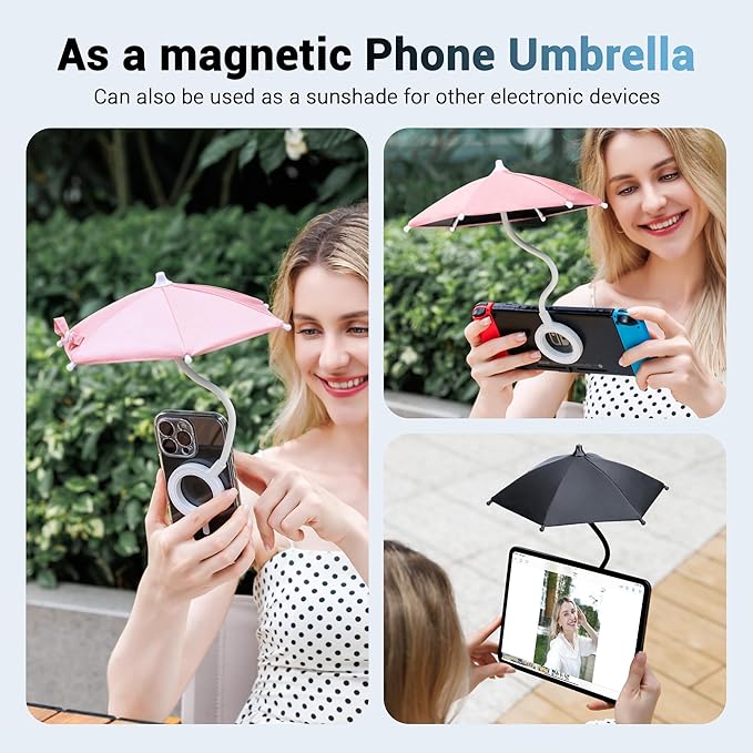 Double Magnetic Phone Umbrella,UPF45+ Magnetic Phone Sunshade Shield for Sun with 360°Adjust & Black Anti-UV Coating,Cellphone Umbrella Compatible with Magsafe Phone-Grip/Magsafe Car Phone-Mount