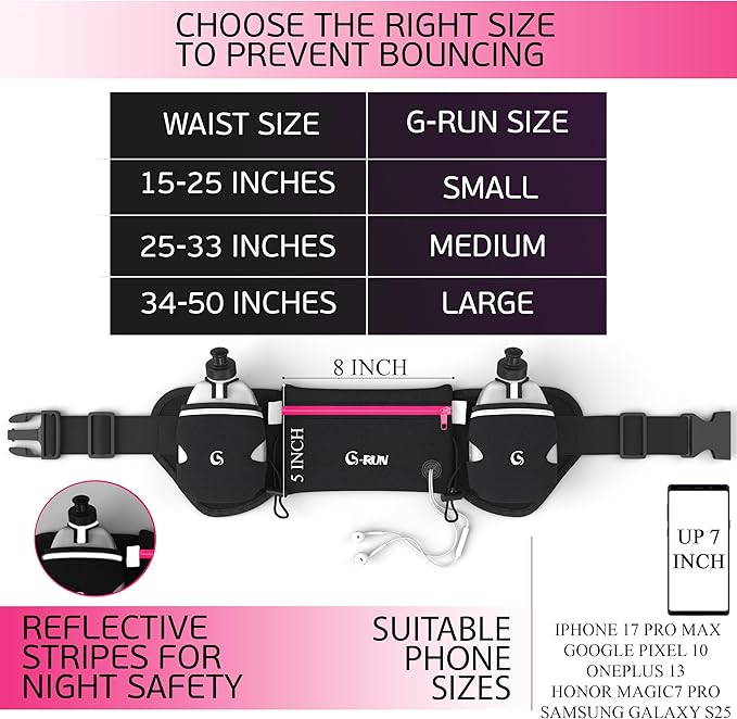 Q-RUN Hydration Running Belt with 2 x 10oz Water Bottles, No Bounce Adjustable Waist Belt for Men & Women, Marathon Running Gear