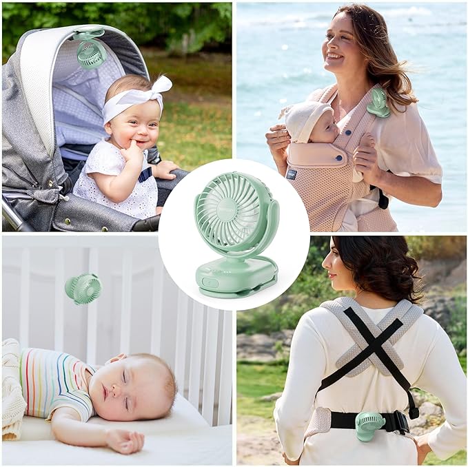 Momcozy Portable Stroller Fan with Clip | 4-Speed Mini-Fan for Carrier | Personal Fans Ultra Light 0.26lb | Gaps ≤4.5mm | Handheld Cooling | Rechargeable Rotate for Diaper Backpack/Table