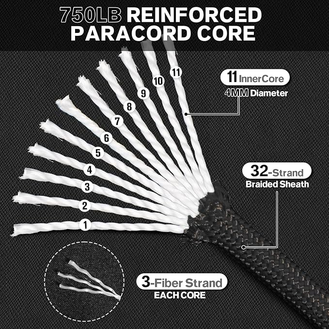 Paracord Rope 750 - Parachute para Cord 4mm 11 Strand Spool Rope Utility Nylon String for Outdoor Camping Survival Utility Tent Crafting DIY Projects - Black 500ft