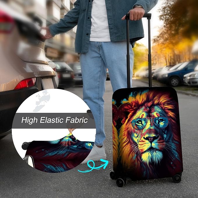 Luggage Cover Protector for 22-24 Inch Suitcases, TSA Approved Elastic Travel Suitcase Covers, Anti-Scratch Washable Luggage Sleeve for Carry On & Checked Bags, Lion With Glasses