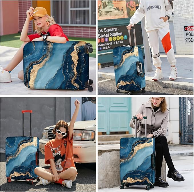 ANNA QUEEN Blue Marble Luggage Cover, Modern Gold Vein Abstract Design Suitcase Protector, Washable Stretchable Travel Sleeve for 32-34 Inch Luggage