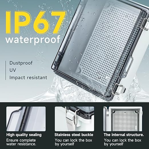 Small Waterproof Electrical Junction Box，IP67 Waterproof Clear ABS Plastic Enclosure Boxes for Outdoor Garden with Hinged Cover, Mounting Plate, Wall Brackets, Cable Glands (8.7"x6.7"x4.3" Clear)