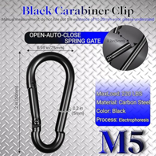100 Pack 2" Spring Snap Hook Carabiners, M5 Galvanized Steel Black Small Carabiner Clip, Keychain Clip, Quick Link Key Chain for Hammock Swing Set Outdoor Travel, Camping, Fishing, Hiking