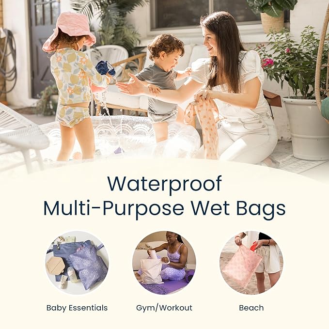 Tiny Twinkle Mess Proof Wet Bags | 2-Pack Reusable Waterproof Wet Bags for Swimsuits | Baby Clothes | Travel & Diaper Bag (Dinosaur, Ocean Life)