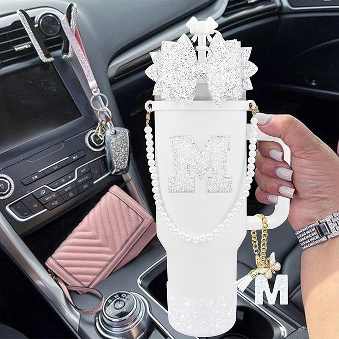 9PCS White for Stanley Cup Accessories Set Bling Initials Bow Charms for Stanley Decorations 30/40 Oz Tumbler Accessories Including Bow Straw Topper, Handle Strap, Spill Stopper（Letter M）