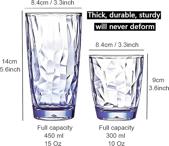 10 Oz Unbreakable Tritan Drinking Glasses Shatterproof Acrylic Glasses Drinkware BPA Free Hard Plastic Cups Reusable Kitchen Water Glasses Drinking Set of 12 (Blue)