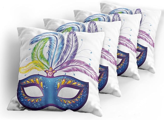 Ambesonne Mardi Gras Throw Pillow Cushion Case Pack of 4, Blue Ornate Venetian Festival with Feathers Masquerade Parade Preparations, Modern Accent Double-Sided Digital Printing, 18", Blue