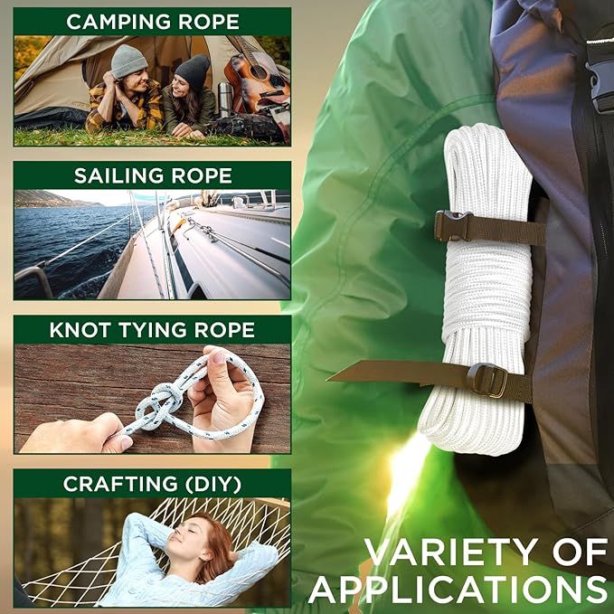 TECEUM Rope – 90 Feet x 3/8 Inch (10mm) – White – Strong All-Purpose Utility Rope – Camping, Crafting, Flag Pole, Indoor & Outdoor – Polypropylene Nylon Poly Lightweight Diamond Braided Cord