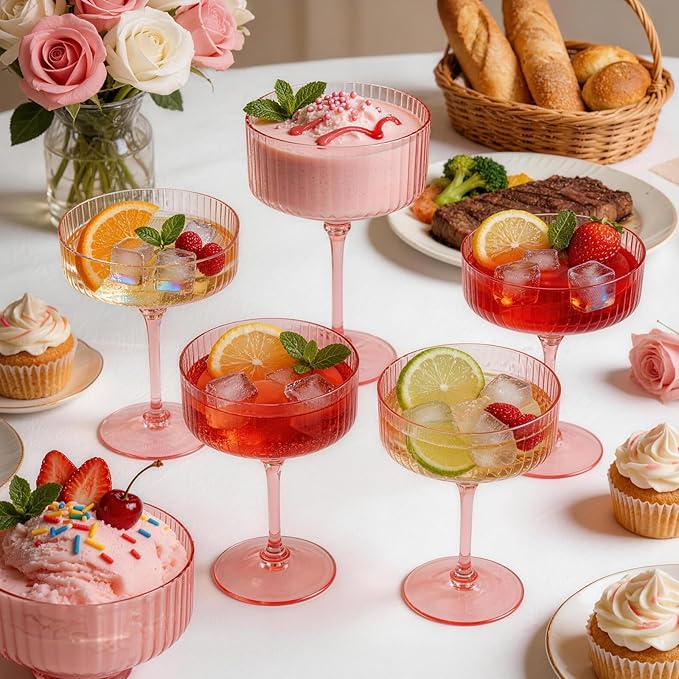 PLULON 6 Pcs Pink Champagne Martini Glasses Set 10 Oz Plastic Ribbed Coupe Cup, Cocktail Glasses Champagne Cup Tower Vintage Margarita Glassware for Clubs Gifts Wedding Bachelor Party Outdoor Events