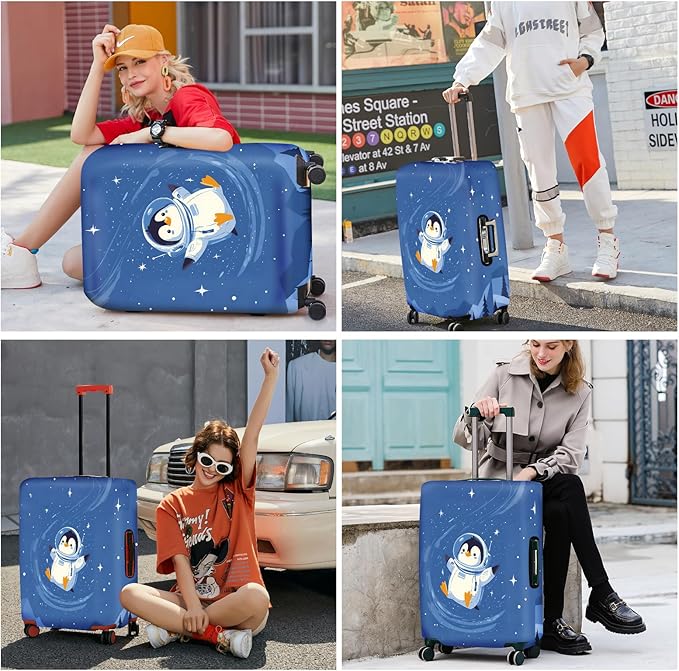ANNA QUEEN Astronaut Penguin Luggage Cover, Cute Space Penguin Design Suitcase Protector, Washable Stretchable Travel Sleeve for 28-30 Inch Luggage